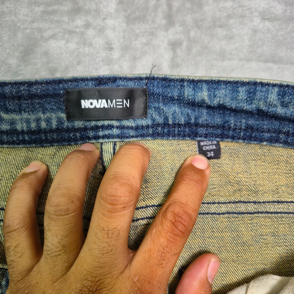 Fashion Nova Men Distressed Leopard Print Inset Jeans Vintage Blue Wash Size 34 - Picture 5 of 7